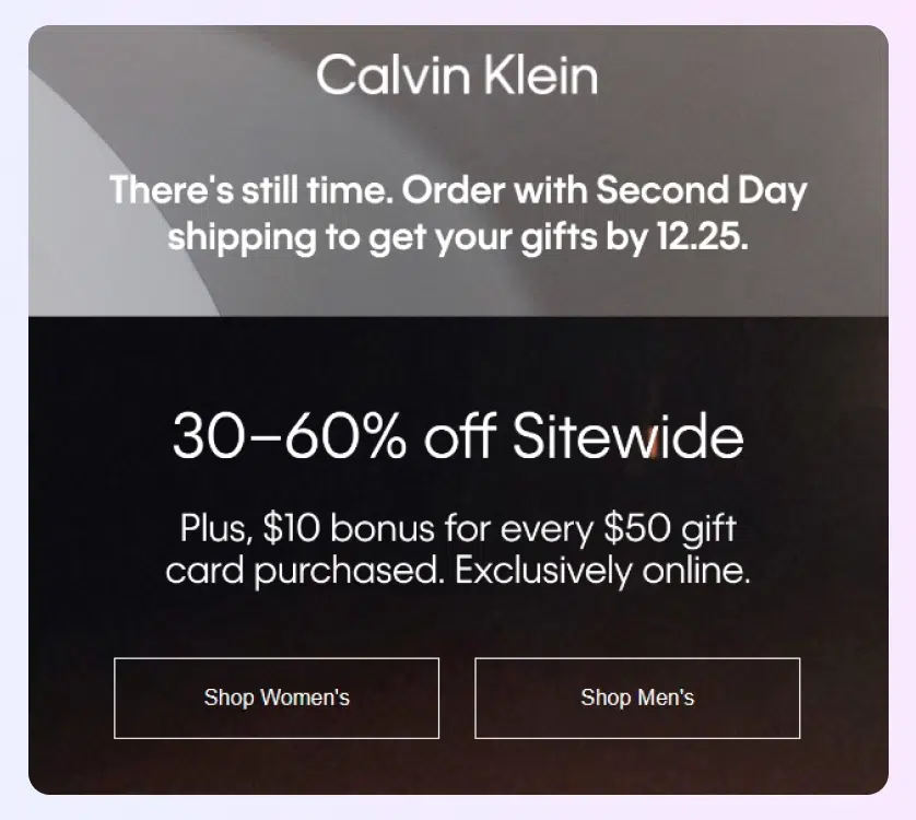 Exemplo de boletim informativo de Natal da Calvin Klein