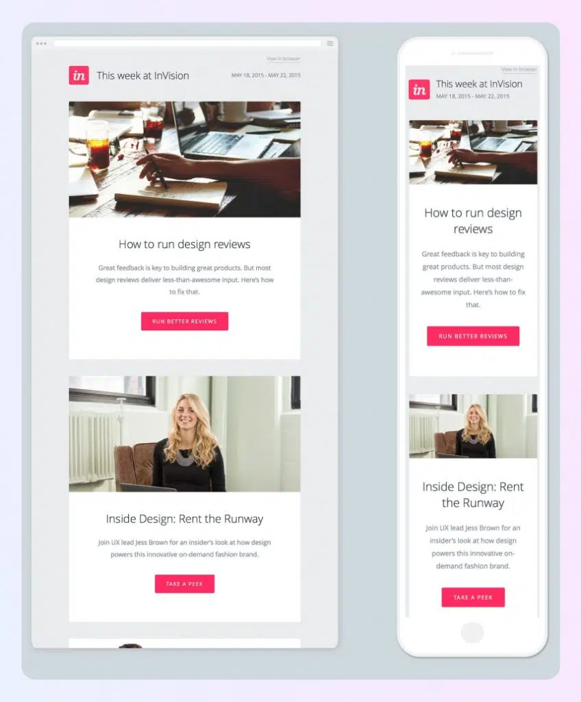 InVision desktop and mobile newsletter layouts