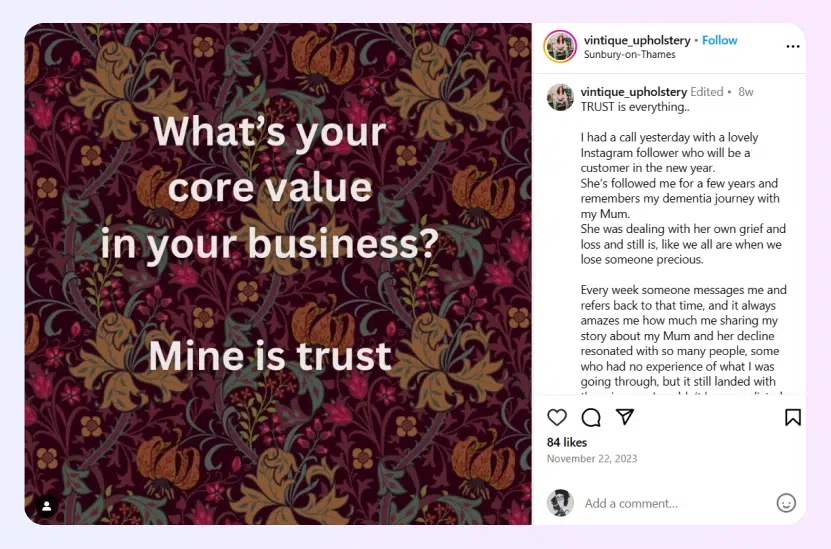 Post showcasing the values of your own brand