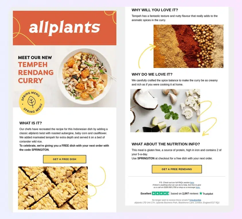 Newsletter example of a vegan food delivery service