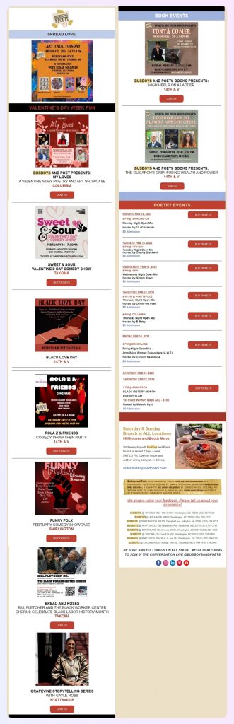 Exemple de newsletter Busboys and Poets couvrant les événements à venir