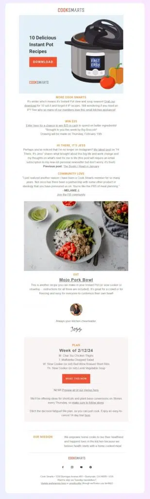 Exemple de newsletter CookSmarts avec une conception simple basée sur du texte