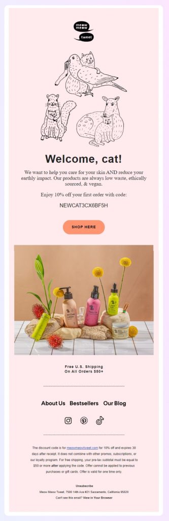 Meow Meow Tweet newsletter example for eco-friendly brands