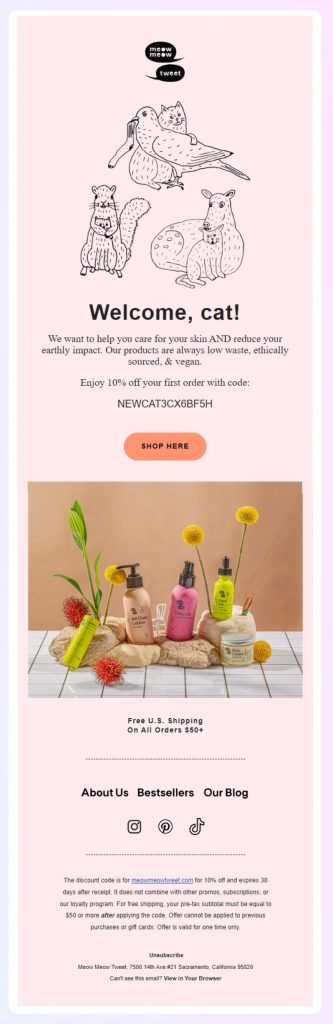 Exemple de newsletter Meow Meow Tweet pour les marques éco-responsables