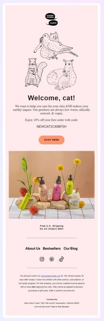 Meow Meow Tweet newsletter example for eco-friendly brands