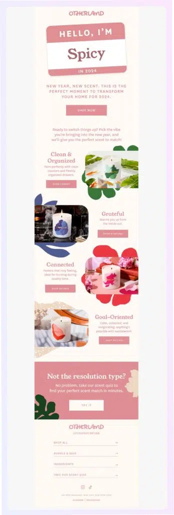 Ejemplo de boletín informativo de Otherland para marketing de fragancias para el hogar