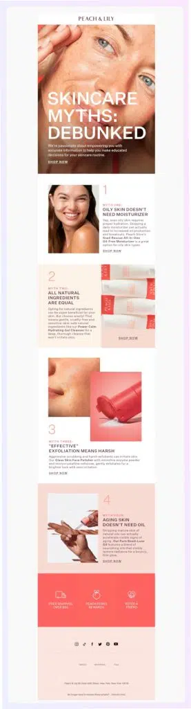 Ejemplo de boletín informativo de Peach & Lily con contenido educativo sobre el cuidado de la piel