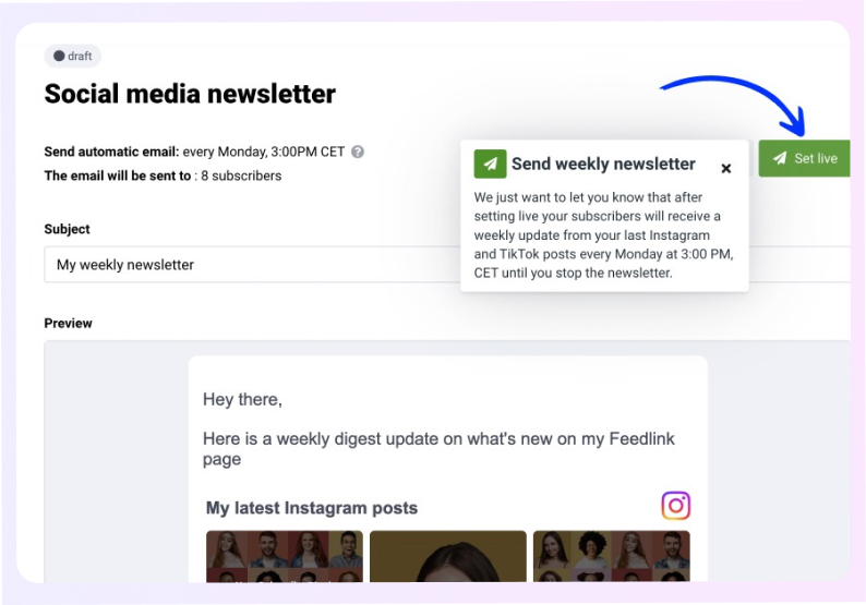 Set live social media newsletter in Feedlink