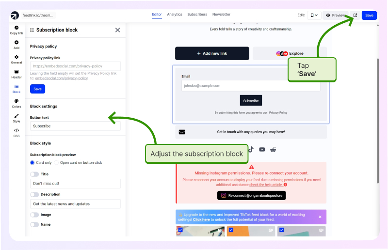 Configurer votre bloc d'abonnement Feedlink