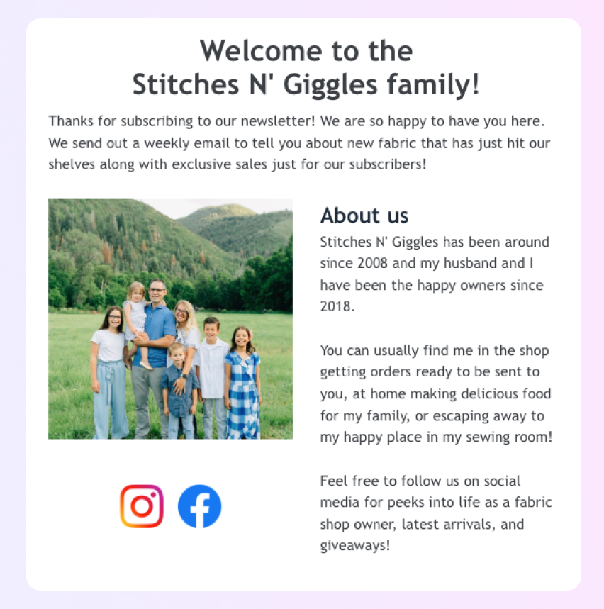 Stitches and Giggles newsletter introduction section