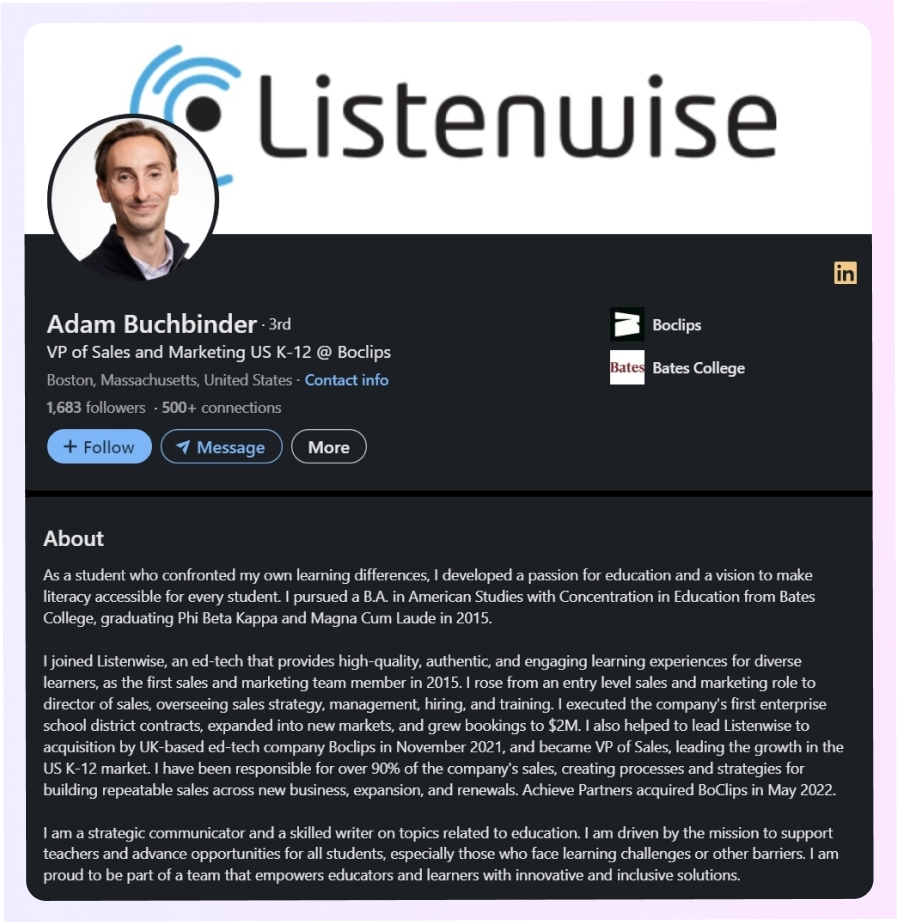 Exemple de résumé LinkedIn d'Adam Buchbinder