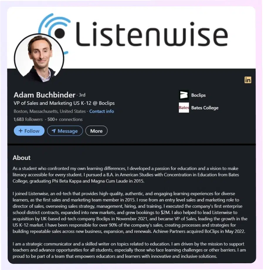 Adam Buchbinder LinkedIn summary example
