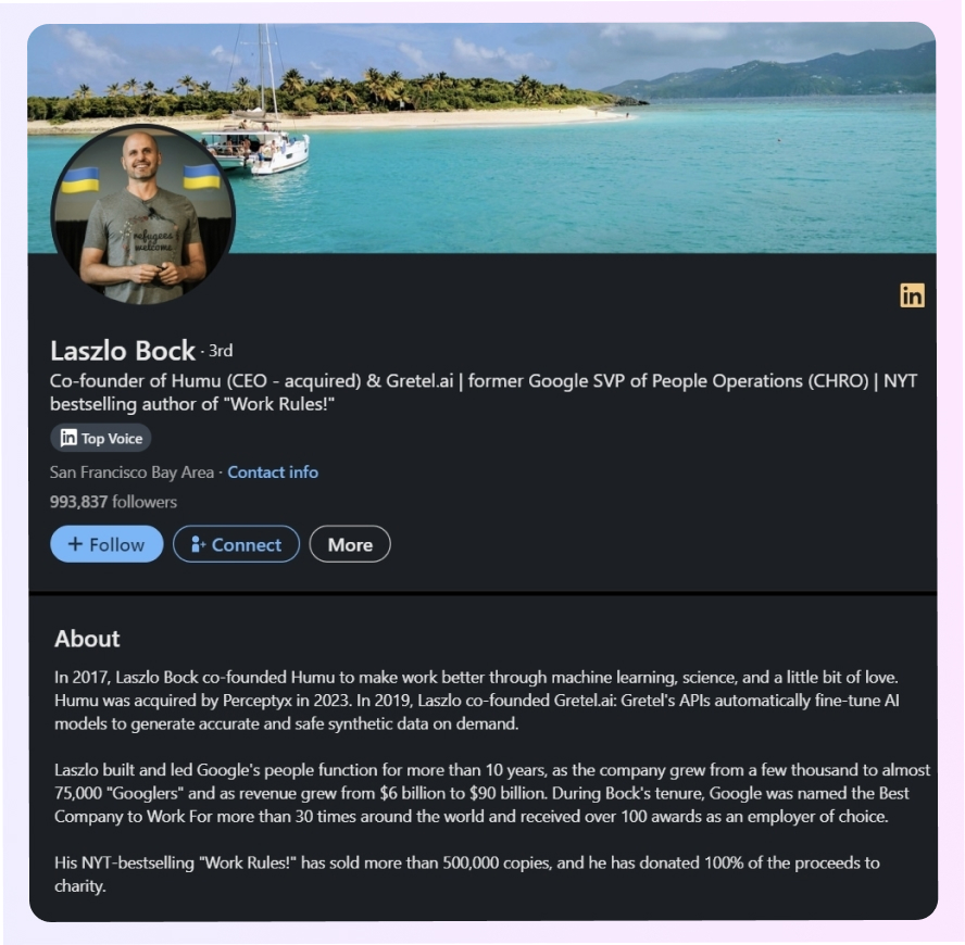 Ejemplo de resumen de LinkedIn de Laszlo Bock