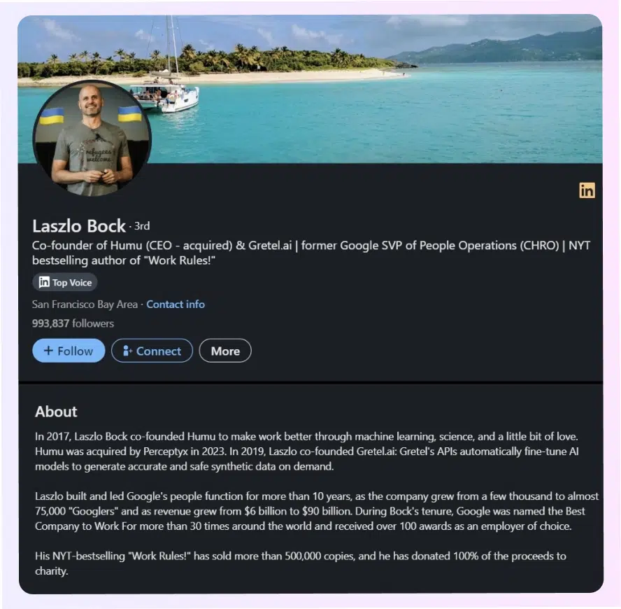 Exemple de résumé LinkedIn de Laszlo Bock