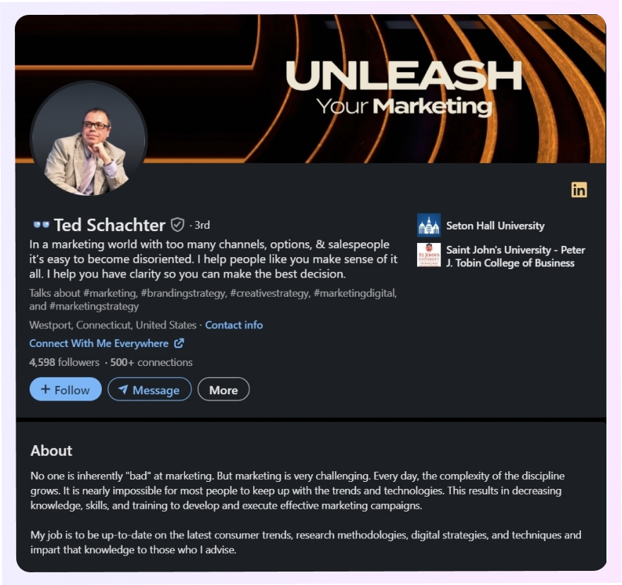 Exemplo de resumo de Ted Schachter no LinkedIn