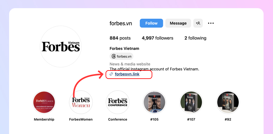 Sección de enlace en biografía de Instagram de Forbes