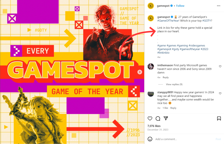 Publication Instagram de GameSpot avec un lien dans la bio CTA