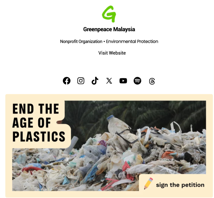 Link do Greenpeace Malaysia NG no exemplo da página bio