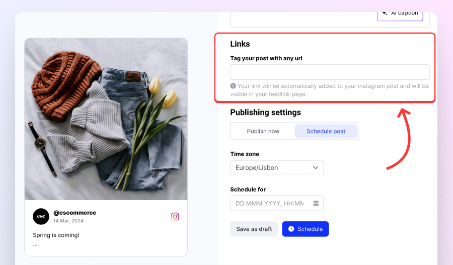 Add a clickable link when scheduling Instagram posts