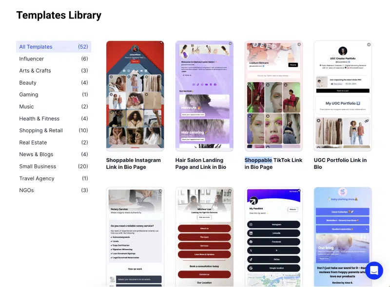 Biblioteca de modelos de link na bio do Feedlink